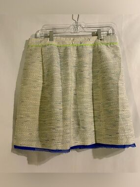 Elie Tahari Cream Tweed A-Line Skirt with Blue Hem and Neon Green Trim